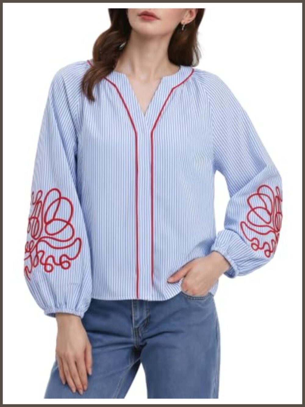 Boho Floral Embroidered V-Neck Blouse Balloon Sleeve Pullover Top